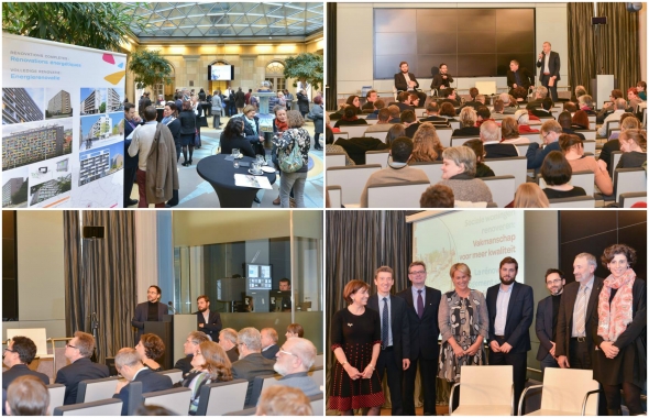 Clockwise from top left: Networking during the break-From the panel discussion with Julien-Julien Dijol delivers the contribution of Housing Europe-SLRB & Housing Europe representatives with the Brussels Minister for Housing, Céline Fremault