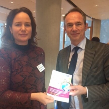 Housing Europe Secretary General, Sorcha Edwards with Jean-Christophe Laloux, Director General & Head of Lending Operations at European Investment Bank (EIB). Following a bilateral exchange, Sorcha had the chance to hand Mr. Laloux a copy of our publication on 'Housing and the Sustainable Development Goals (SDGs).
