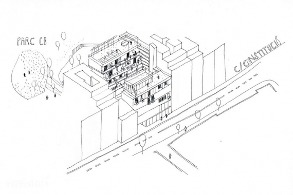 Draft of the new building being proposed by  Cooperativa d’Habitatges La Mangala, to be built in a publicly-owned piece of land in Can Batlló (Barcelona).